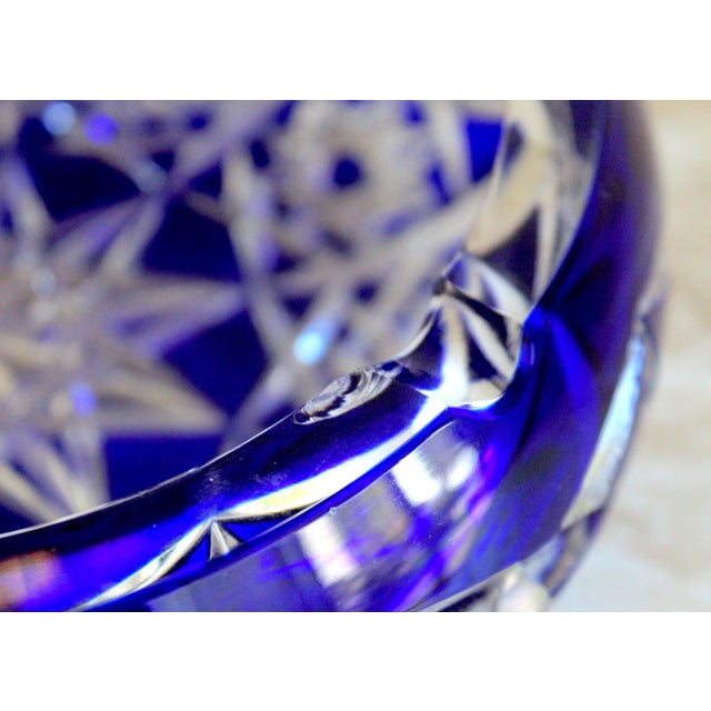 Vintage Cobalt Blue Cut-to-Clear Crystal Ashtray – Geometric Starburst Design – 8" For Sale - Image 15 of 16