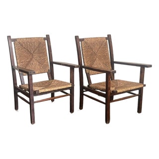 Spanish Walnut and Bulrush Rationalist Armchairs, 1960s For Sale