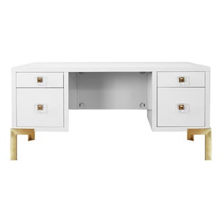 Matthew Izzo Home Cosby White Lacquer and Polished Brass Legs Desk With Acrylic and Brass Knobs For Sale