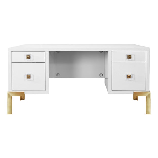 Matthew Izzo Home Cosby White Lacquer and Polished Brass Legs Desk With Acrylic and Brass Knobs For Sale