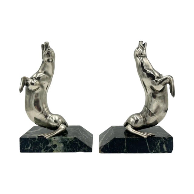 Pair Art Deco Sea Lion Bookends French Silverplate Alabaster For Sale - Image 9 of 12