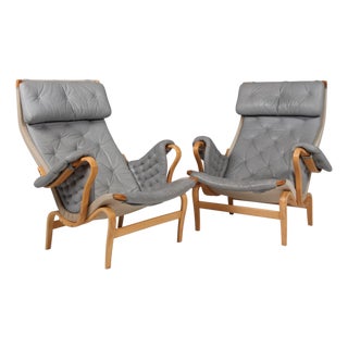Pernilla Lounge Chair in Grey Leather with Beech Frame attributed to Bruno Mathsson for Dux, Sweden, 1980s For Sale