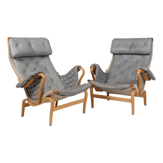 Pernilla Lounge Chair in Grey Leather with Beech Frame attributed to Bruno Mathsson for Dux, Sweden, 1980s For Sale