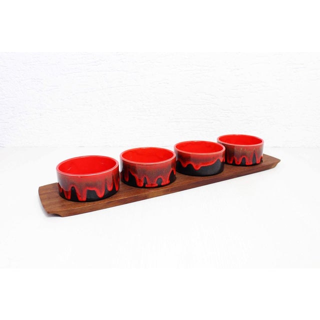 Vintage Service Tray and Ramekins in Teak and Ceramic, 1960s, Set of 5 For Sale - Image 3 of 14