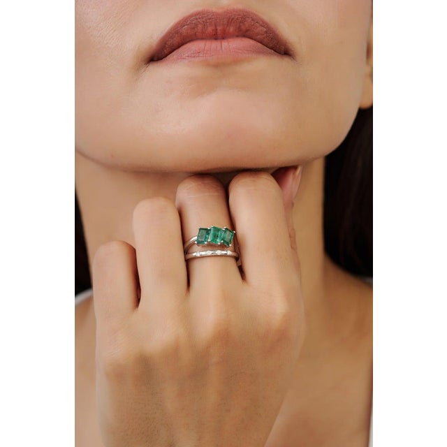 925 Silver Three-Stone Emerald Ring With Diamond Accents, Size 6 For Sale - Image 4 of 12