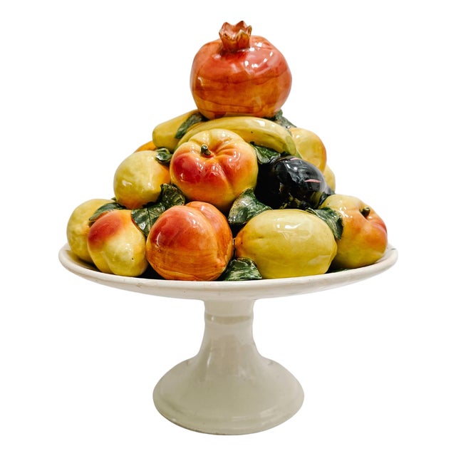 Large Scale Spanish Faience Mixed Fruit Topiary Centerpiece on Pedestal For Sale