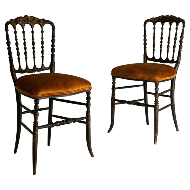 1880s French Napoleon III Chiavari Chairs In Ebonized Wood & Upholstery - A Pair For Sale - Image 15 of 18
