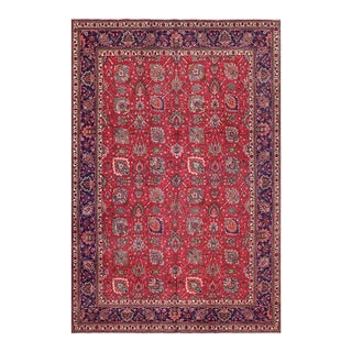 Shabby Chic Persian Tabriz Red/Blue Wool Rug - 9'8'' X 15'0'' For Sale