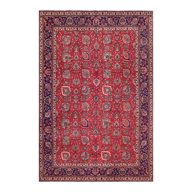 Shabby Chic Persian Tabriz Red/Blue Wool Rug - 9'8'' X 15'0'' For Sale