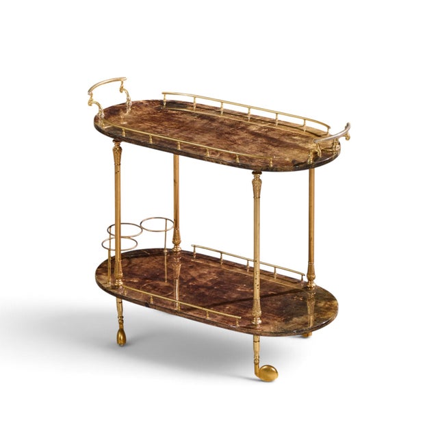 Aldo Tura Mid Century Italian Lacquered Goatskin and Brass Bar Cart For Sale - Image 9 of 10