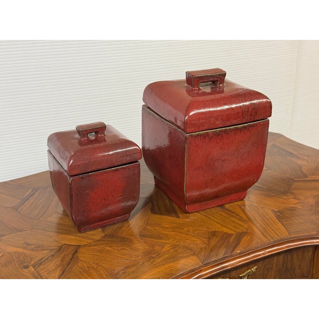 Asian Glazed Ceramic Lidded Canisters, Set of Two For Sale - Image 3 of 12