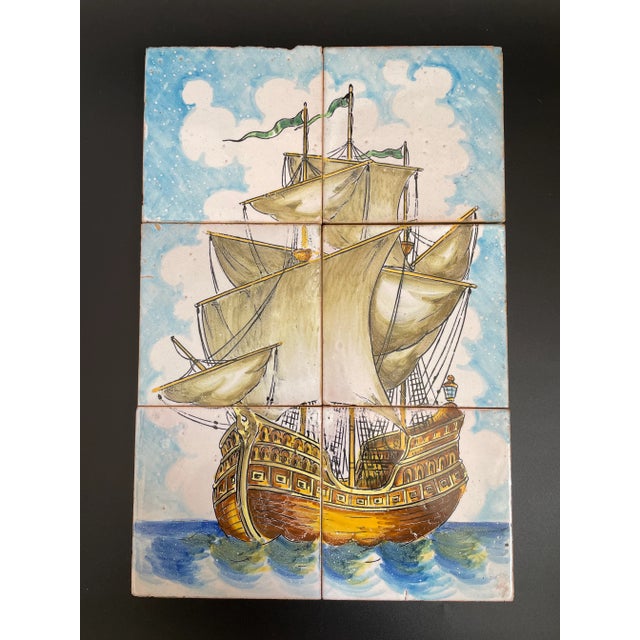 Set of 6 Hand Painted Caravel Sailing Ship Polychrome Portuguese Azulejos Tile Mural. Vintage reproduction of 16th, 17th...
