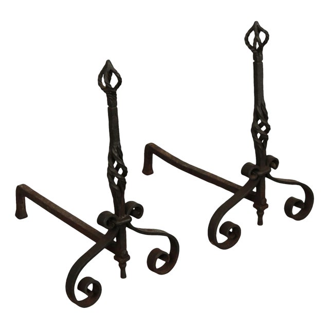 Antique Arts & Crafts Pair of Wrought Iron Fireplace Andirons For Sale
