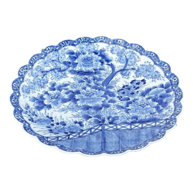 Antique Japanese Imari Blue and White Hand-Painted Charger For Sale