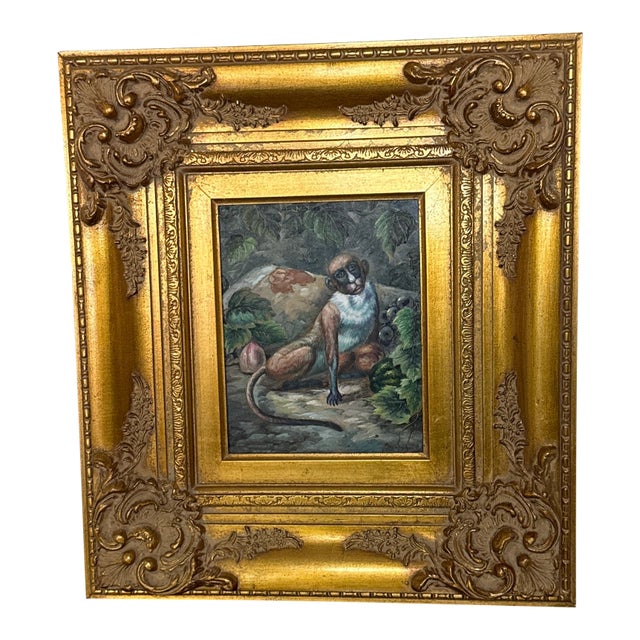 1970s Vintage Oil on Canvas Monkey Painting ~Framed For Sale