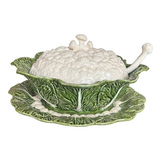 Vintage Portuguese Ceramic Cauliflower Tureen With Ladle and Underplate For Sale