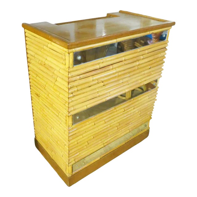 Restored Mirror Front Stacked Rattan Bar & Mahogany Top, 1940 For Sale