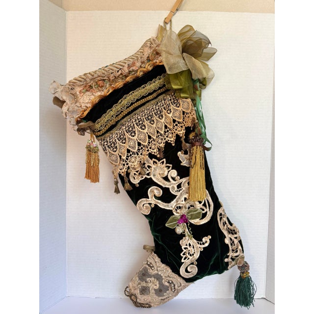 Late 20th Century Handmade Victorian Style Emerald Green Velvet Christmas Stocking With Cherub & Lace For Sale - Image 5 of 13