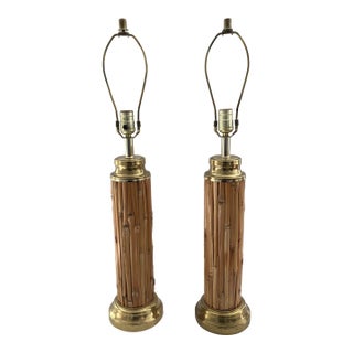 1960s Pencil Reed Rattan Table Lamps With Brass Details- A Pair For Sale
