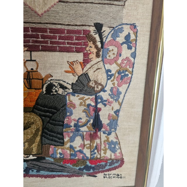 Norman Rockwell “Tea for Two” Framed Needlepoint, 1983 Oak & Gold Frame For Sale - Image 4 of 11