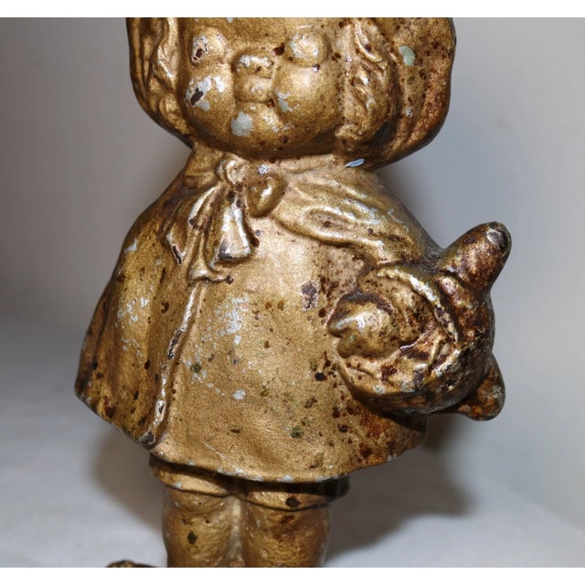 Metal Rare Antique Late 1800's Solid Cast Iron Girl With Basket Heavy Figural Doorstop For Sale - Image 7 of 12