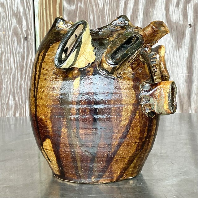 Boho Chic Vintage Boho Original Studio Pottery Drip Glaze Vase For Sale - Image 3 of 12