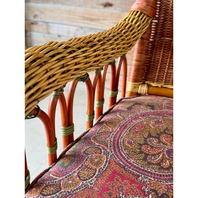 Brown Vintage French Wicker & Rattan Armchair With Paisley Cushion For Sale - Image 8 of 12