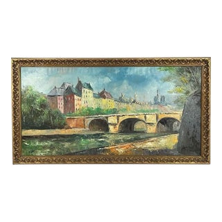 Large Mid-Century Signed v. Dyk Pont Saint-Michel & Notre-Dame Paris Oil Painting For Sale