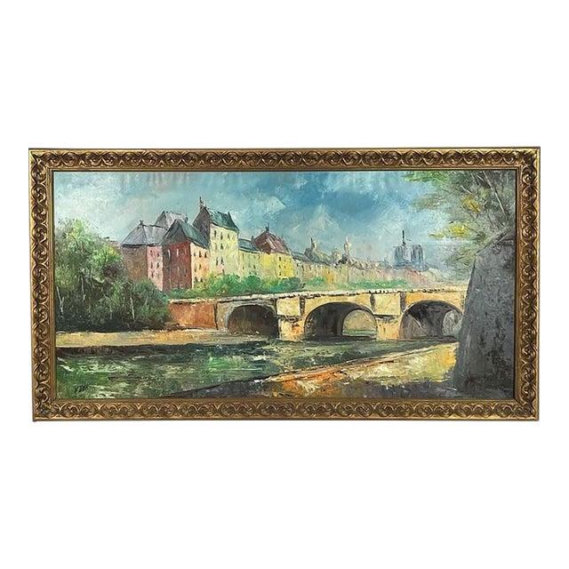 Large Mid-Century Signed v. Dyk Pont Saint-Michel & Notre-Dame Paris Oil Painting For Sale