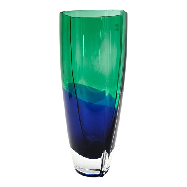 Contemporary Krosno Polish Art Glass Vase Green Over Blue Cased Modernist Form 11.5" For Sale - Image 3 of 14