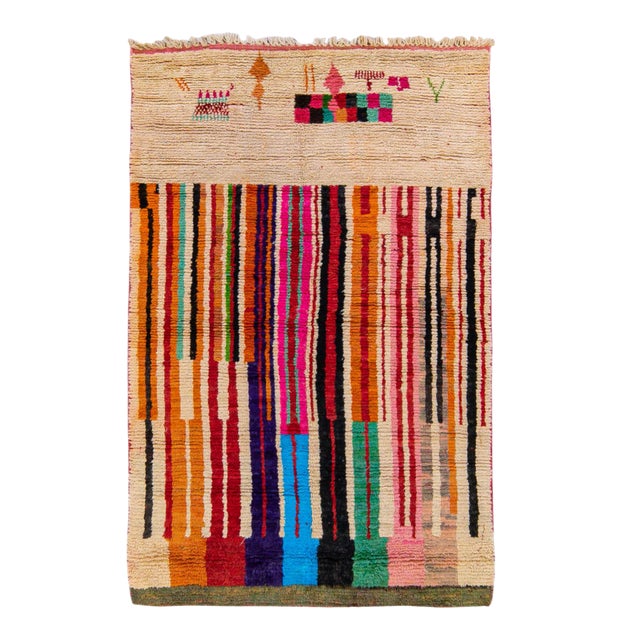 Vintage Beni Ourain Moroccan Handmade Multicolor Designed Beige Wool Rug For Sale