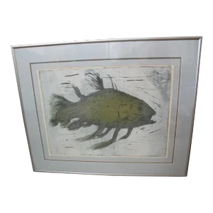 Joe Ardourel Colorado Framed Coelacanth Prehistoric Fish Woodblock Print
