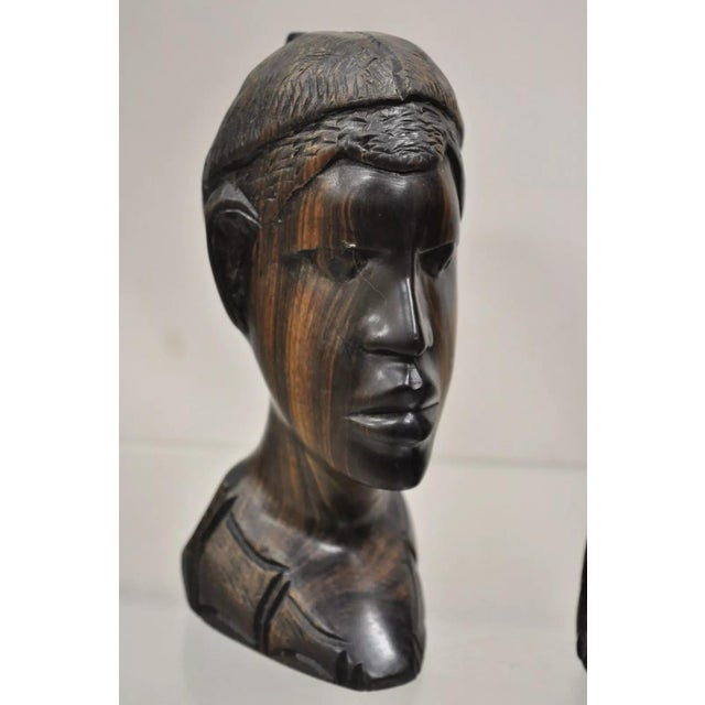 Vintage African Carved Ebony Wood Male and Female Bust Statue Sculptures- Set of 2 For Sale - Image 4 of 10