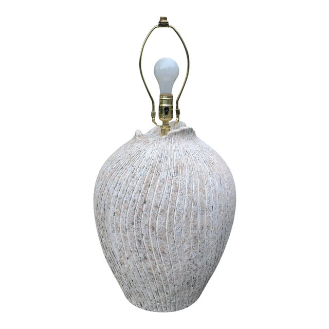 Heavy plaster vintage lamp from Lamps Forever, Ca. Ribbed swirl, gray and white texture over clay base. Lamp measures 20”...