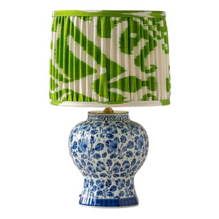 Royal Delft Blue & White Ceramic Table Lamp with New Green Ikat Shade For Sale