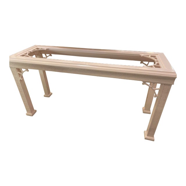 Vintage John Stuart Palm Beach Coral Lacquered Fretwork Glass Top Console Table For Sale