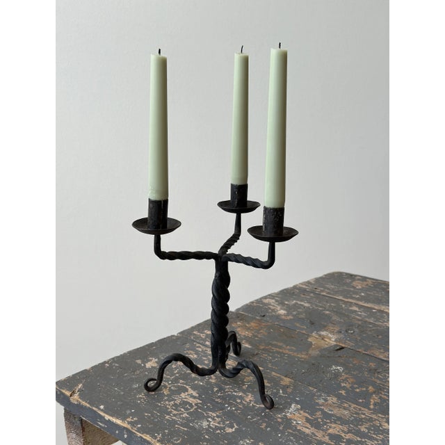 Vintage Wrought Iron Twisted Tripod Candelabra, Circa Early-Mid 20th Century For Sale - Image 4 of 16