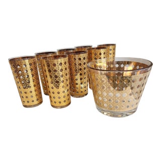 Vintage Culver Canella Highball Glasses and Ice Bucket With 22k Gold Overlay - Set of 9 For Sale