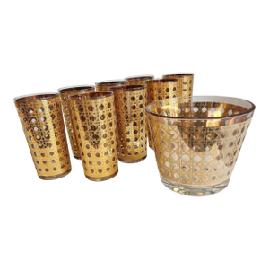 Vintage Culver Canella Highball Glasses and Ice Bucket With 22k Gold Overlay - Set of 9
