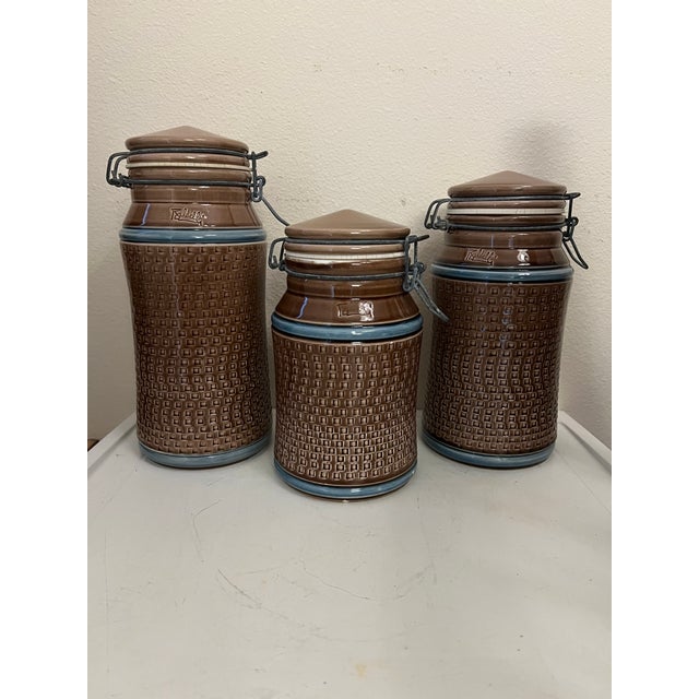 Vintage Italian Baldelli MCM Textured 3 Piece Brown & Blue Art Pottery Canisters Vintage Italian Baldelli MCM Hand Made...