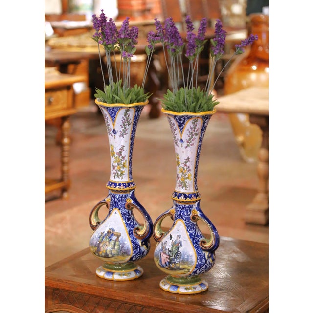Pair of 19th Century French Hb Quimper Hand Painted Faience Tall Neck Vases For Sale In Dallas - Image 6 of 16