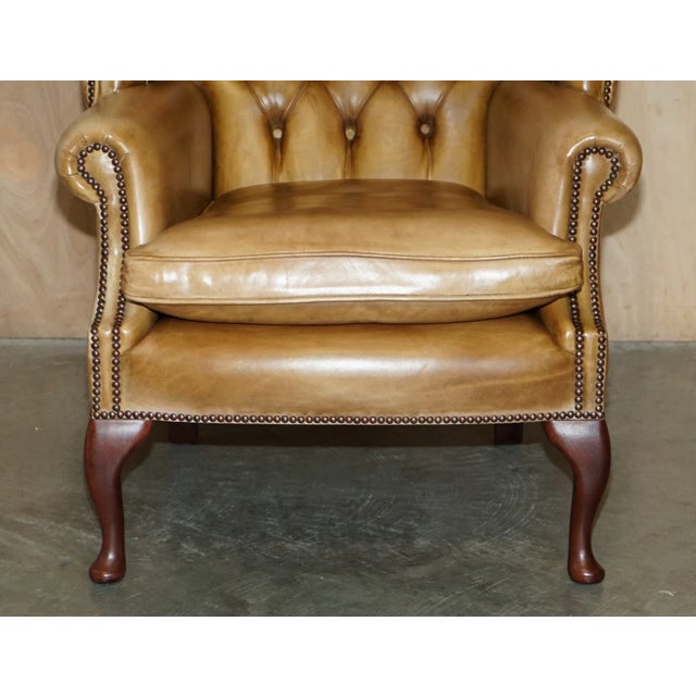 Pair of Vintage Tan Brown Leather Chesterfield Wingback Chairs With Footstools For Sale In Dallas - Image 6 of 18