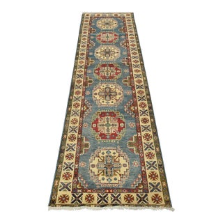 Kazak Runner 3′ X 9’8” Blue Wool Tribal Hand-Knotted Oriental Rug For Sale