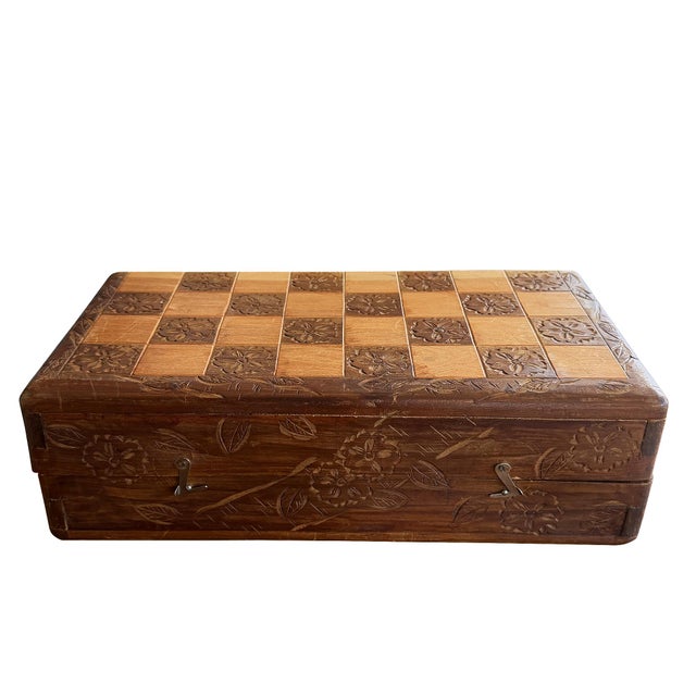Chinoiserie Vintage Chinese Hand-Carved Wood Figural Chess Set With Folding Game Board For Sale - Image 3 of 13