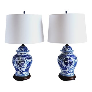 Vintage Blue & White Chinese Porcelain Ginger Jar Table Lamps-A Pair For Sale