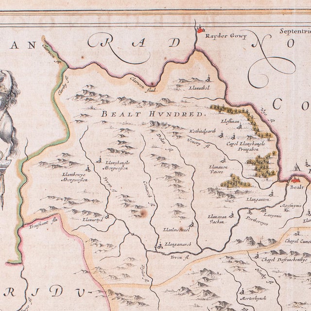 Beige Antique Map of Breconshire, Dutch, Atlas Cartography, Joan Blaeu, Wales, c.1660 For Sale - Image 8 of 11