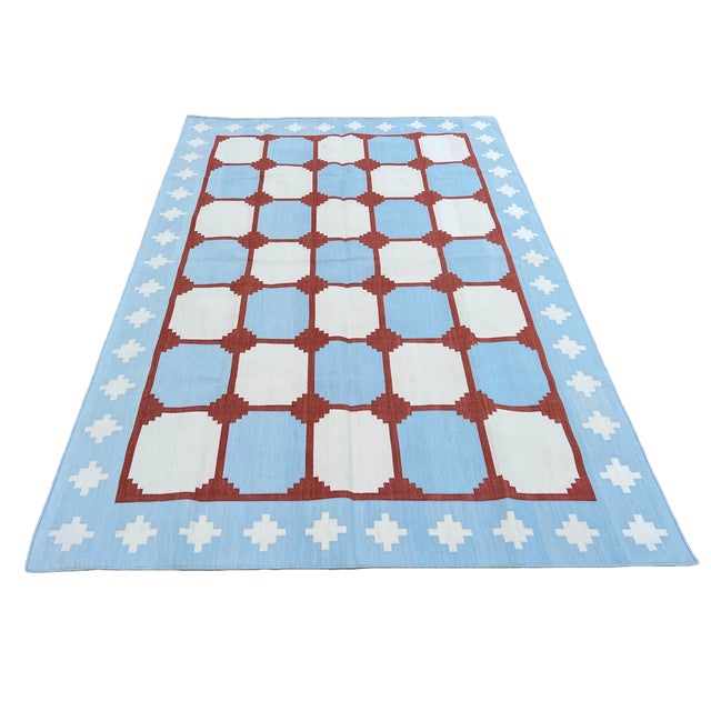 Mid-Century Modern Handwoven Cotton Area Rug, Sky Blue and Terracotta Red Tile Swedish Dhurrie - 6'x9' For Sale - Image 3 of 13