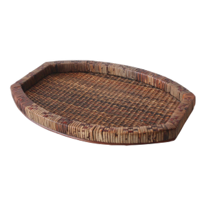 Mid-Century Woven Wicker Rattan Wood Oval Serving Tray Vintage