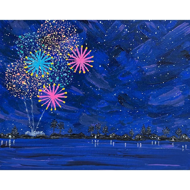 Celebrate 4 Fireworks Scene Acrylic Painting 8" X 10" Original Wall Art Unframed For Sale - Image 6 of 7
