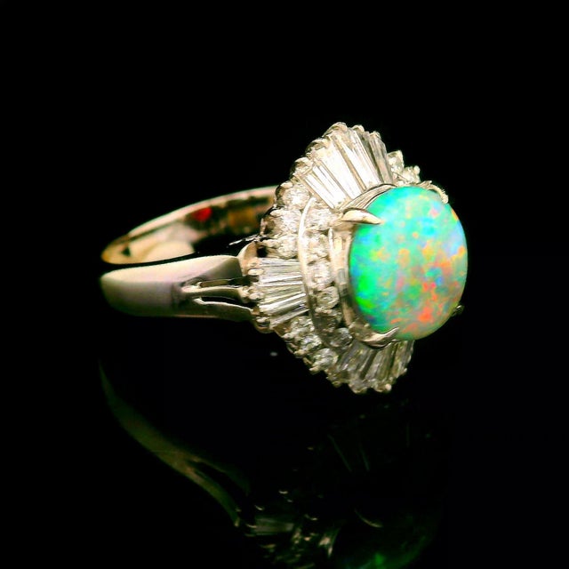 Early 21st Century Australian Opal Diamond Platinum Burst Ring, Size 7.5 For Sale - Image 5 of 5